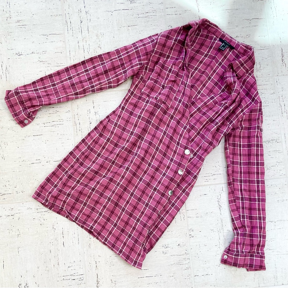 FOREVER 21 Grunge Pink Black Flannel Snap Shirt Plaid Wrap Mini Dress S - Picture 2 of 3